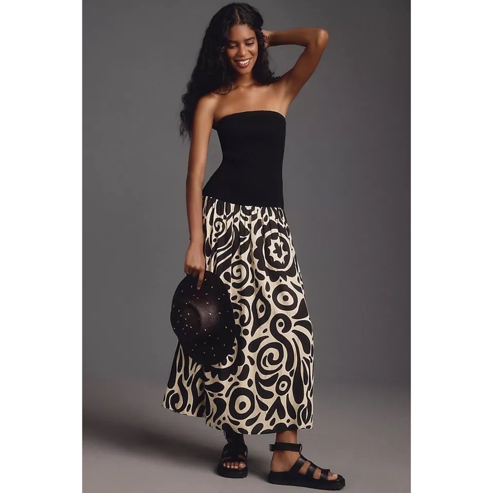 The Wolf Gang Alyss Maxi Dress Black Smocked Strapless Graphic Print Linen Blend